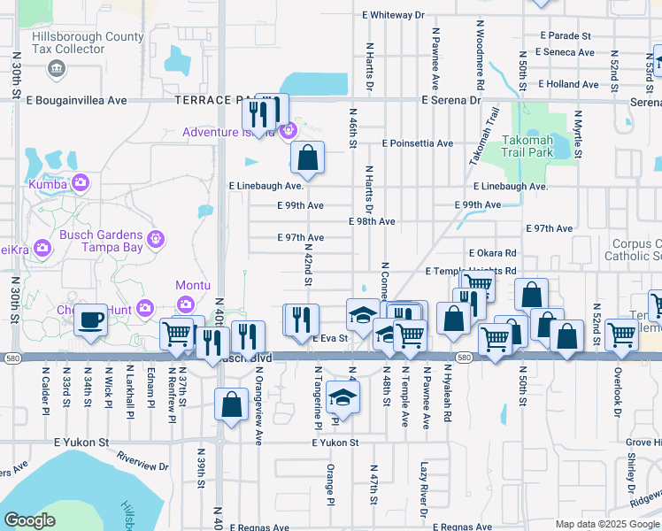 map of restaurants, bars, coffee shops, grocery stores, and more near 4206 East Temple Heights Road in Tampa