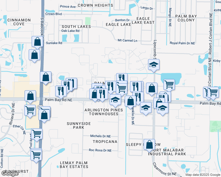map of restaurants, bars, coffee shops, grocery stores, and more near 2098 Harbor Avenue Northeast in Palm Bay