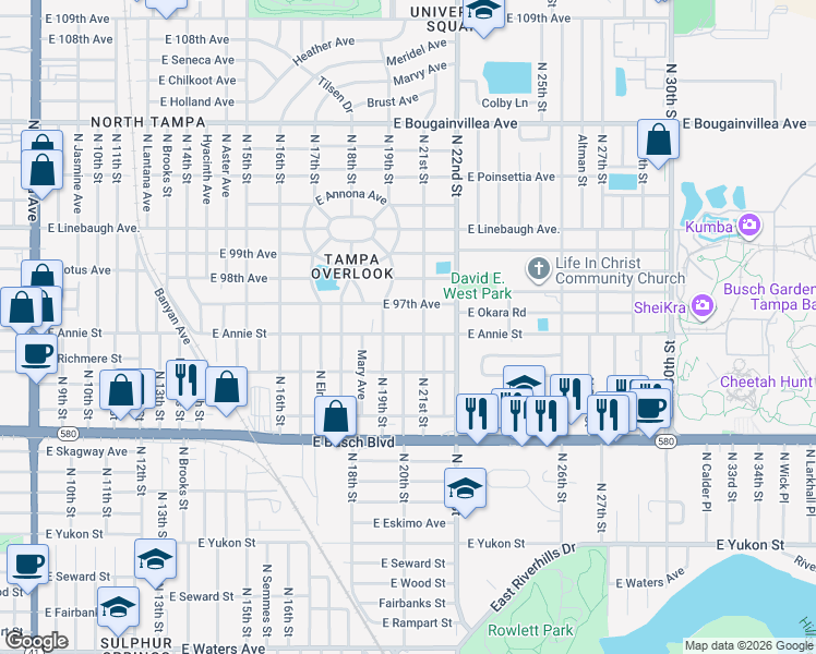 map of restaurants, bars, coffee shops, grocery stores, and more near 2008 East Annie Street in Tampa
