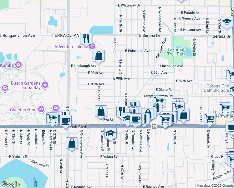 map of restaurants, bars, coffee shops, grocery stores, and more near 4604 Temple Heights Road in Tampa