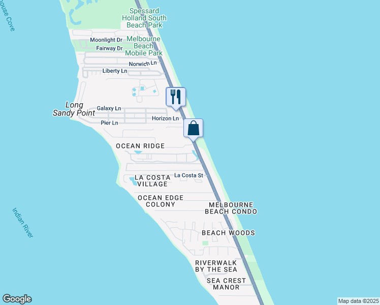 map of restaurants, bars, coffee shops, grocery stores, and more near 127 Ocean Ridge Drive in Melbourne Beach