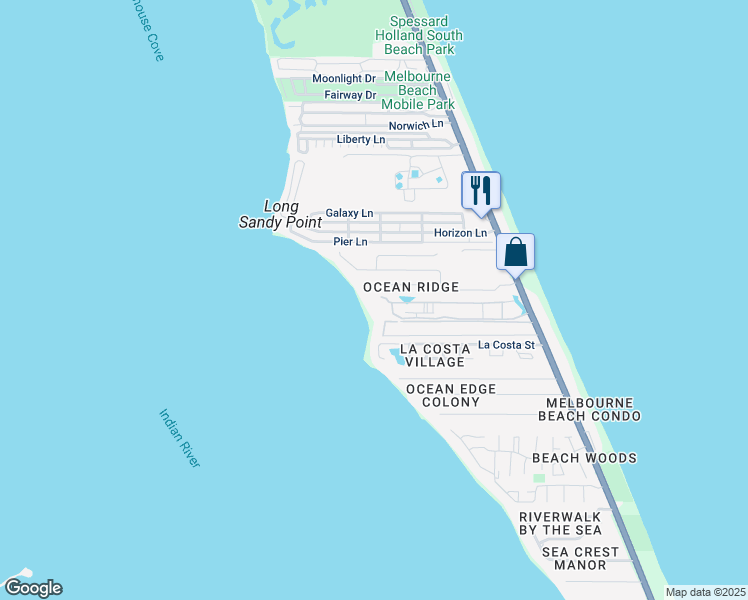map of restaurants, bars, coffee shops, grocery stores, and more near 251 Ocean Ridge Drive in Melbourne Beach