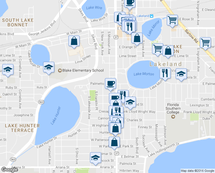 map of restaurants, bars, coffee shops, grocery stores, and more near 707 South Missouri Avenue in Lakeland