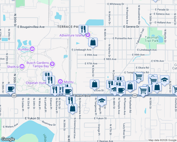 map of restaurants, bars, coffee shops, grocery stores, and more near 4122 East Temple Heights Road in Tampa