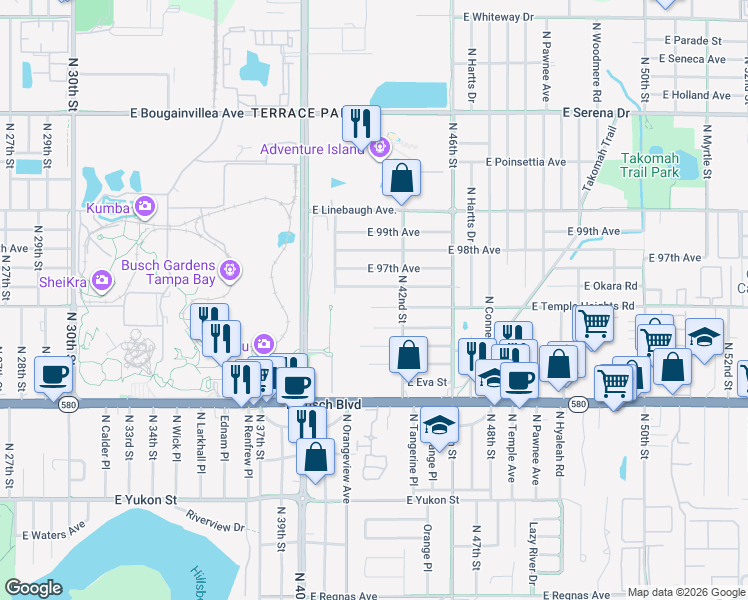 map of restaurants, bars, coffee shops, grocery stores, and more near 4122 East Temple Heights Road in Tampa