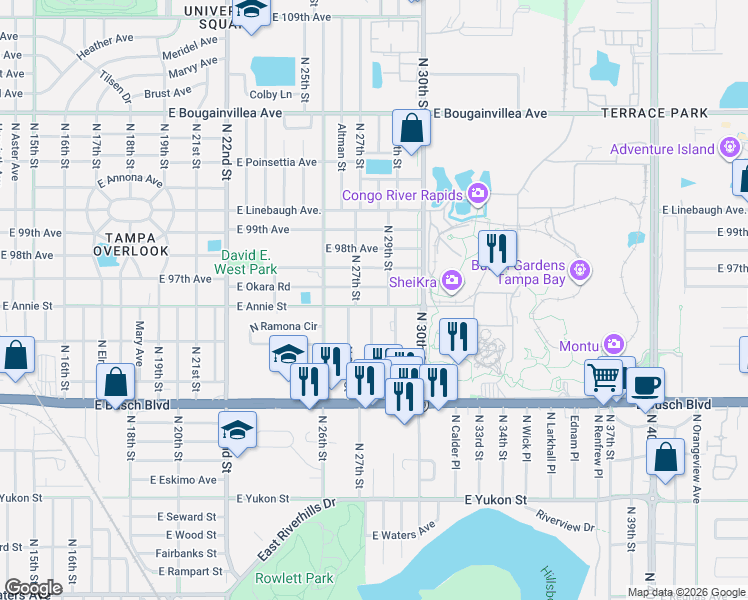 map of restaurants, bars, coffee shops, grocery stores, and more near 2712 East Annie Street in Tampa