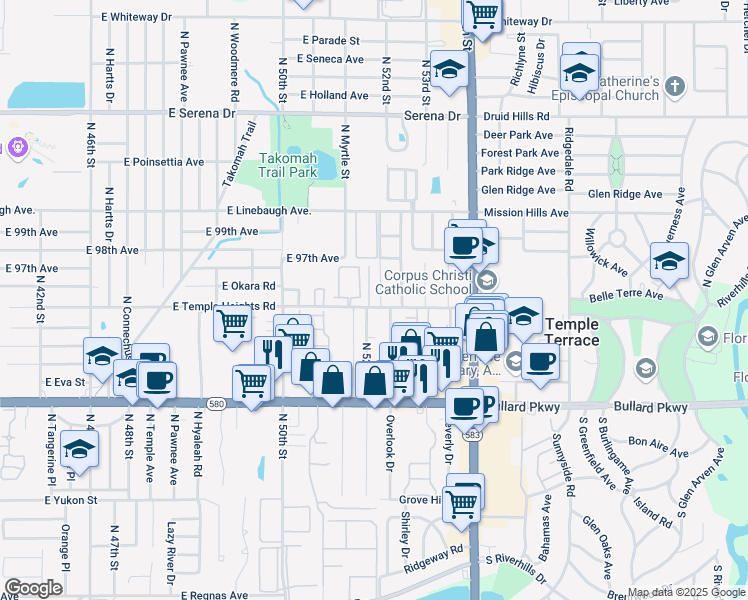 map of restaurants, bars, coffee shops, grocery stores, and more near 5114 Temple Heights Road in Tampa