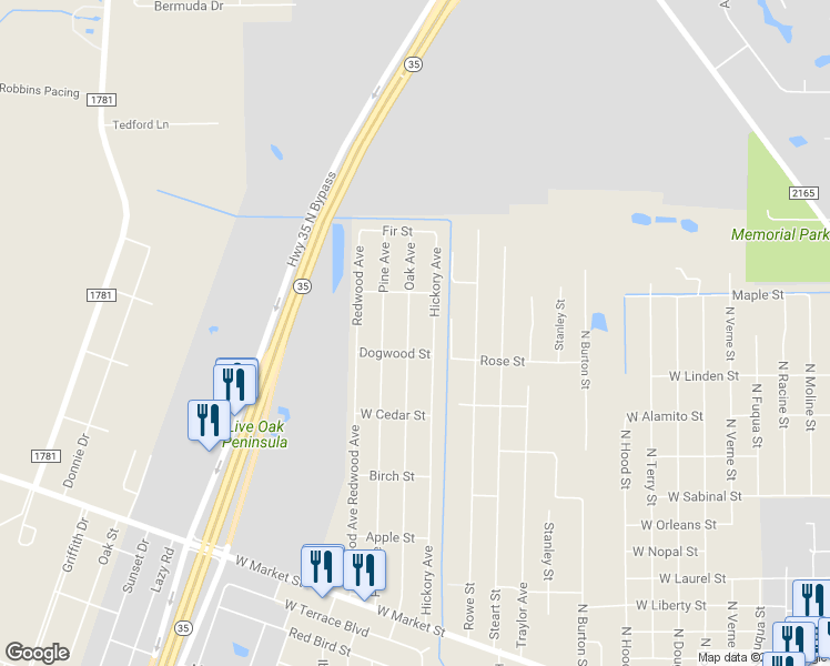 map of restaurants, bars, coffee shops, grocery stores, and more near 1016 Oak Avenue in Rockport