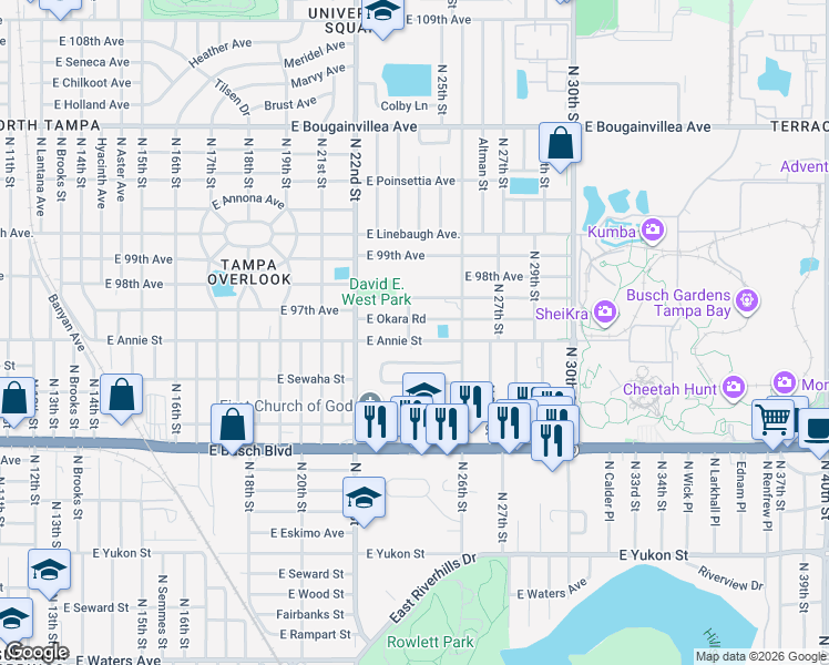 map of restaurants, bars, coffee shops, grocery stores, and more near 1605 North 24th Street in Tampa