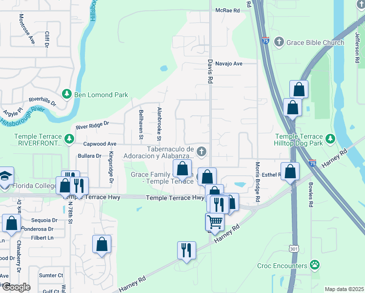 map of restaurants, bars, coffee shops, grocery stores, and more near 8531 Queen Brooks Court in Tampa