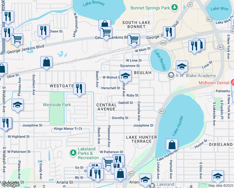 map of restaurants, bars, coffee shops, grocery stores, and more near 1221 Ruby Street in Lakeland