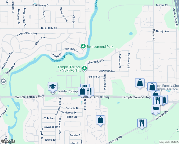 map of restaurants, bars, coffee shops, grocery stores, and more near 7805 Capwood Avenue in Tampa