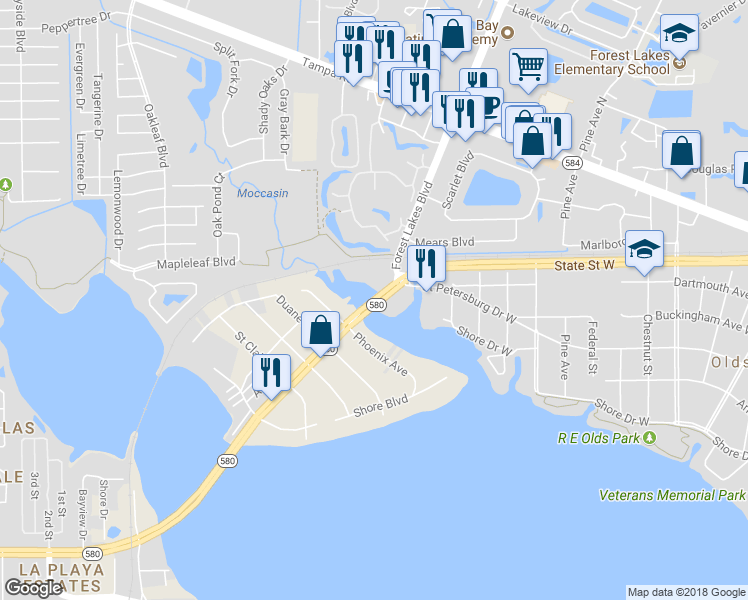 map of restaurants, bars, coffee shops, grocery stores, and more near 651 Forest Lakes Boulevard in Oldsmar
