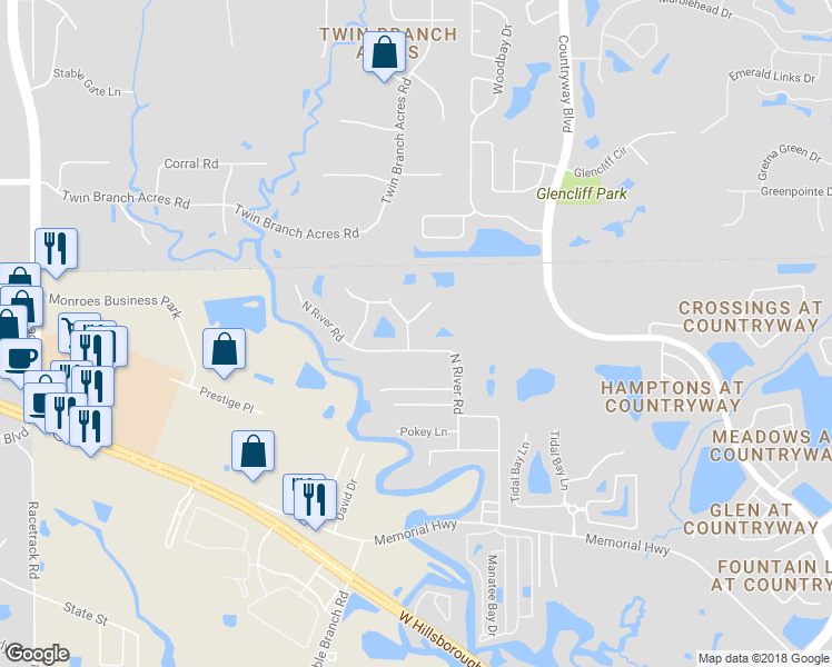 map of restaurants, bars, coffee shops, grocery stores, and more near 8807 Grand Bayou Court in Tampa