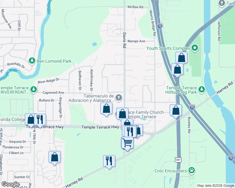 map of restaurants, bars, coffee shops, grocery stores, and more near 8547 Queen Brooks Court in Tampa