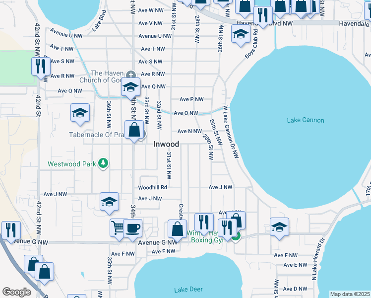 map of restaurants, bars, coffee shops, grocery stores, and more near 1215 30th Street Northwest in Winter Haven