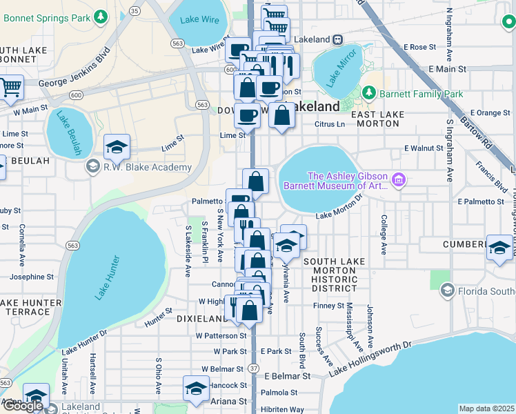 map of restaurants, bars, coffee shops, grocery stores, and more near 708 Florida Avenue South in Lakeland