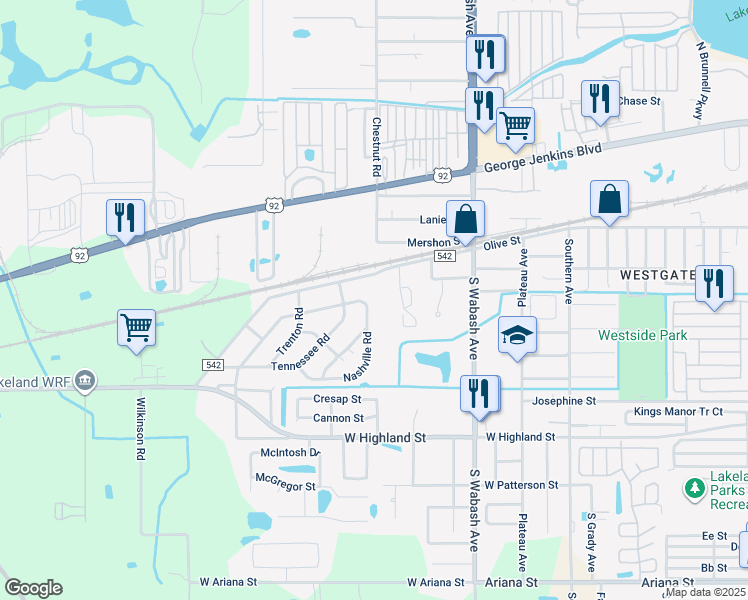 map of restaurants, bars, coffee shops, grocery stores, and more near 700 Nashville Road in Lakeland