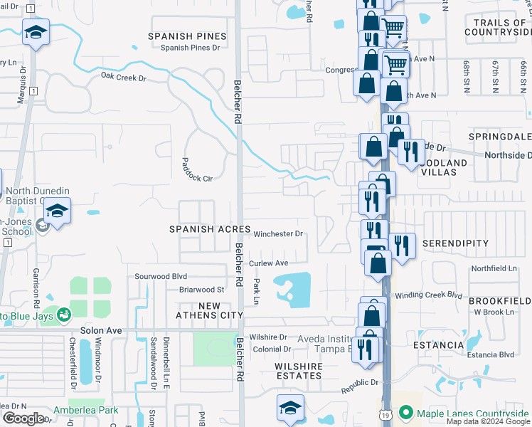 map of restaurants, bars, coffee shops, grocery stores, and more near 2232 Richter Street in Dunedin
