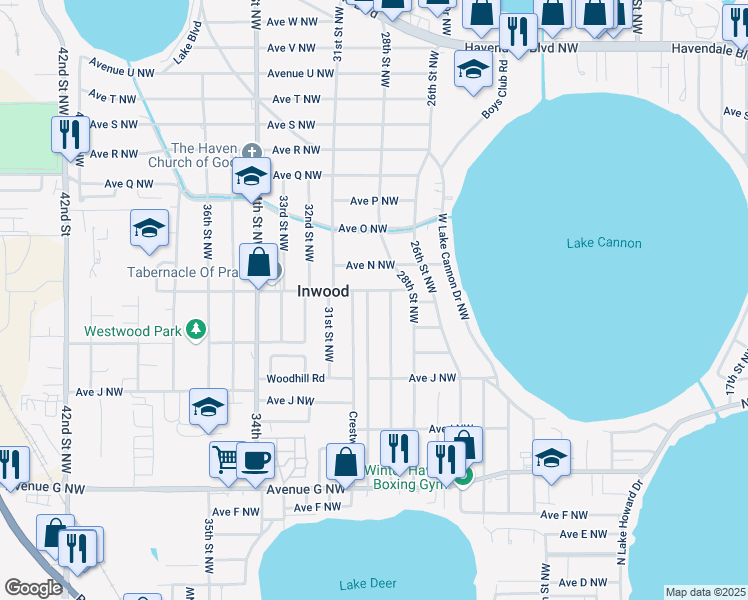 map of restaurants, bars, coffee shops, grocery stores, and more near 1215 30th Street Northwest in Winter Haven