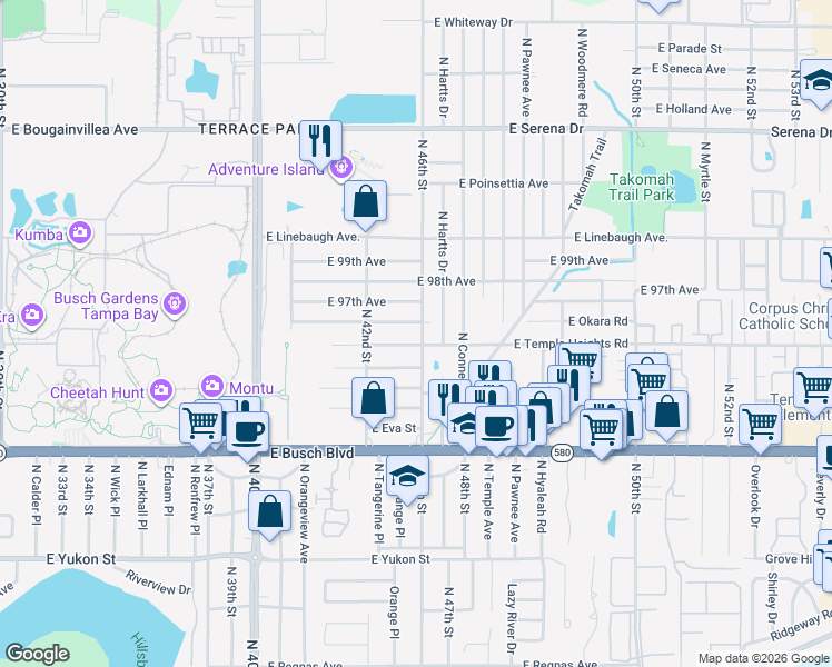 map of restaurants, bars, coffee shops, grocery stores, and more near 9606 North 46th Street in Tampa