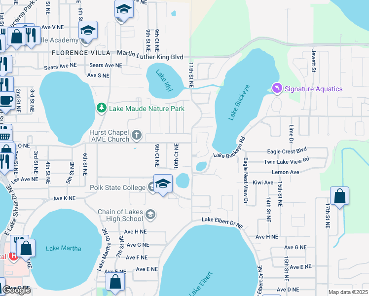 map of restaurants, bars, coffee shops, grocery stores, and more near 305 Lake Gem Parkway Northeast in Winter Haven