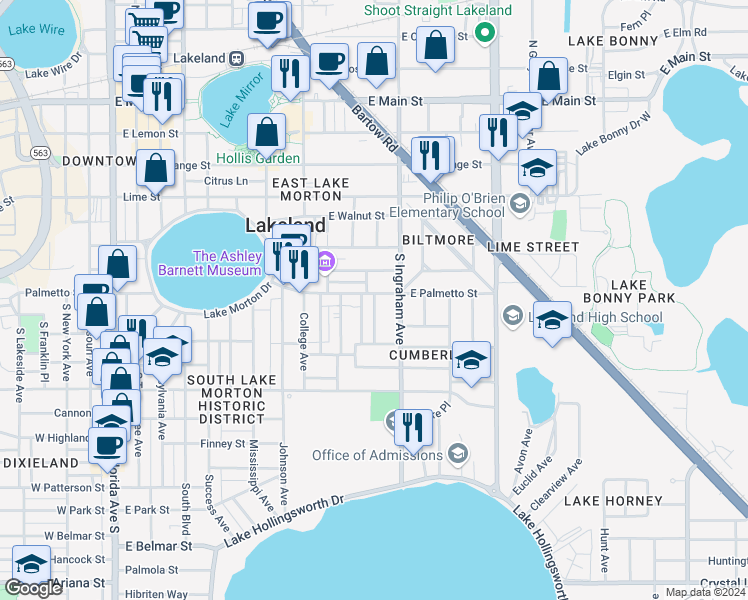 map of restaurants, bars, coffee shops, grocery stores, and more near 712 Winfree Avenue in Lakeland