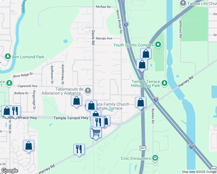 map of restaurants, bars, coffee shops, grocery stores, and more near 9801 Terrace Trail Lane in Tampa