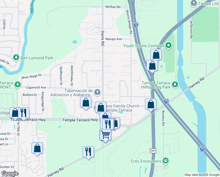 map of restaurants, bars, coffee shops, grocery stores, and more near 8702 Terra Oaks Road in Tampa