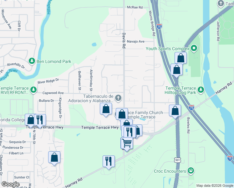map of restaurants, bars, coffee shops, grocery stores, and more near 8547 Queen Brooks Court in Tampa