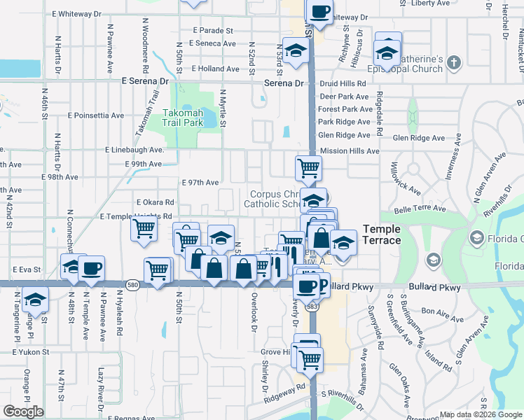 map of restaurants, bars, coffee shops, grocery stores, and more near 5306 Temple Heights Road in Temple Terrace