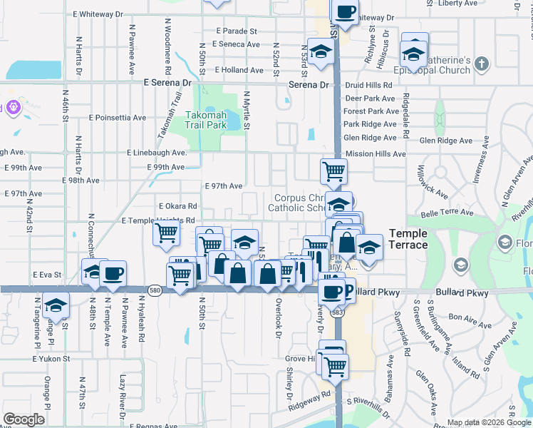 map of restaurants, bars, coffee shops, grocery stores, and more near 5114 Temple Heights Road in Tampa