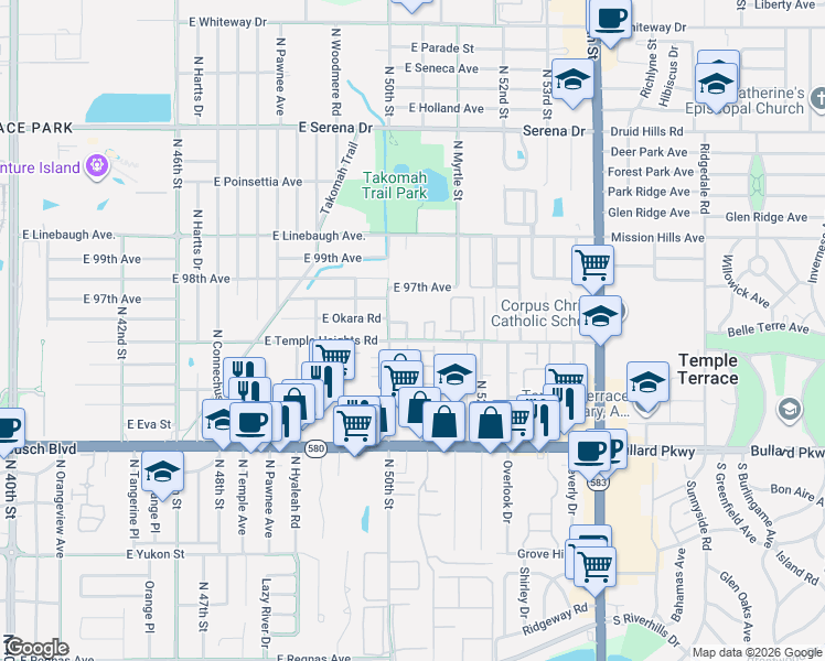 map of restaurants, bars, coffee shops, grocery stores, and more near 5013 Terrace Village Lane in Tampa