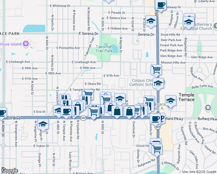 map of restaurants, bars, coffee shops, grocery stores, and more near 5013 Terrace Village Lane in Tampa