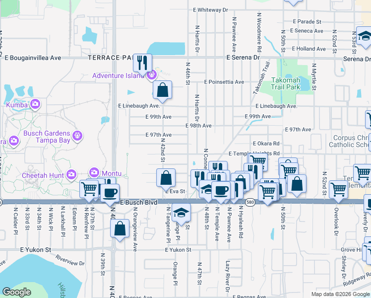 map of restaurants, bars, coffee shops, grocery stores, and more near 9606 North 46th Street in Tampa