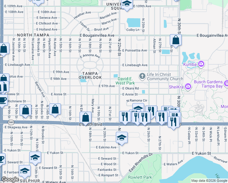 map of restaurants, bars, coffee shops, grocery stores, and more near 2104 East Annie Street in Tampa