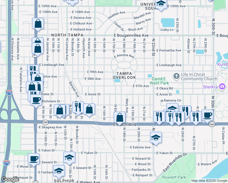 map of restaurants, bars, coffee shops, grocery stores, and more near 1708 East Annie Street in Tampa