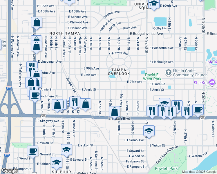map of restaurants, bars, coffee shops, grocery stores, and more near 1708 East Annie Street in Tampa