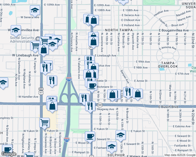 map of restaurants, bars, coffee shops, grocery stores, and more near 902 East Annie Street in Tampa