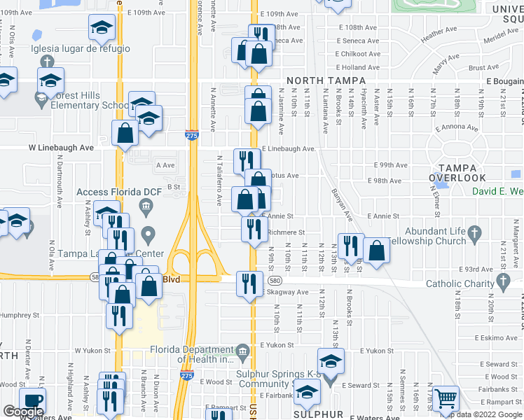 map of restaurants, bars, coffee shops, grocery stores, and more near 902 East Annie Street in Tampa
