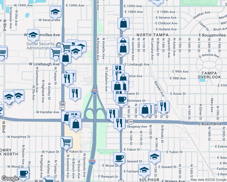 map of restaurants, bars, coffee shops, grocery stores, and more near 898-800 East Annie Street in Tampa