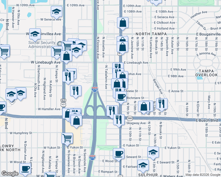 map of restaurants, bars, coffee shops, grocery stores, and more near 898-800 East Annie Street in Tampa