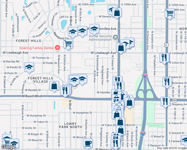 map of restaurants, bars, coffee shops, grocery stores, and more near 404 West Floriland Avenue in Tampa