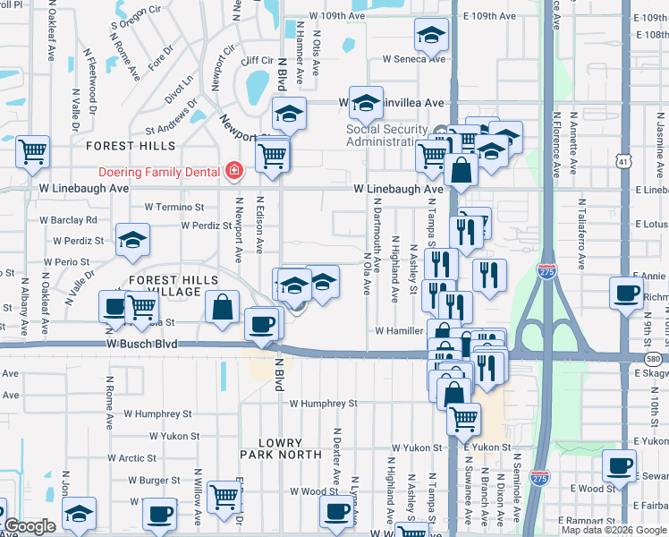 map of restaurants, bars, coffee shops, grocery stores, and more near 418 West Floriland Avenue in Tampa