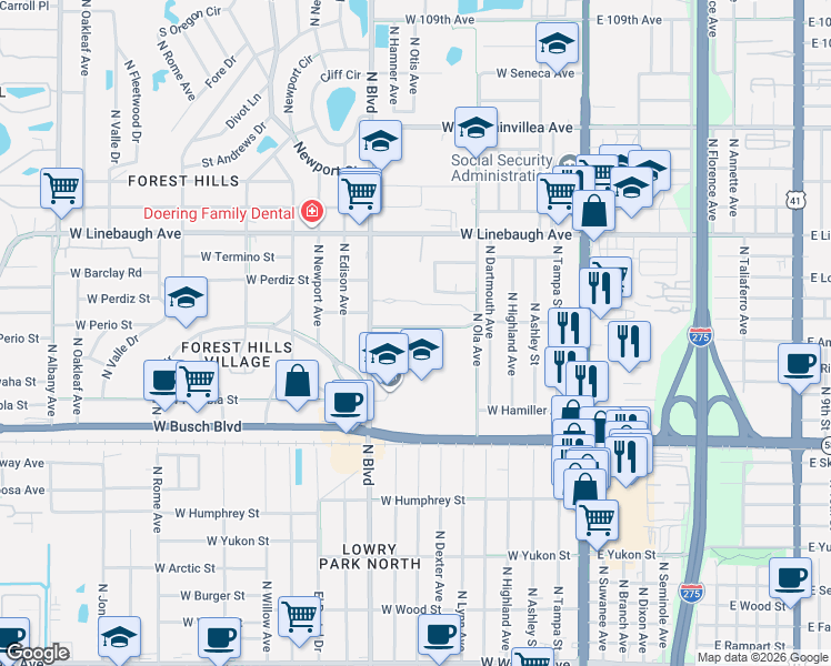 map of restaurants, bars, coffee shops, grocery stores, and more near 418 West Floriland Avenue in Tampa