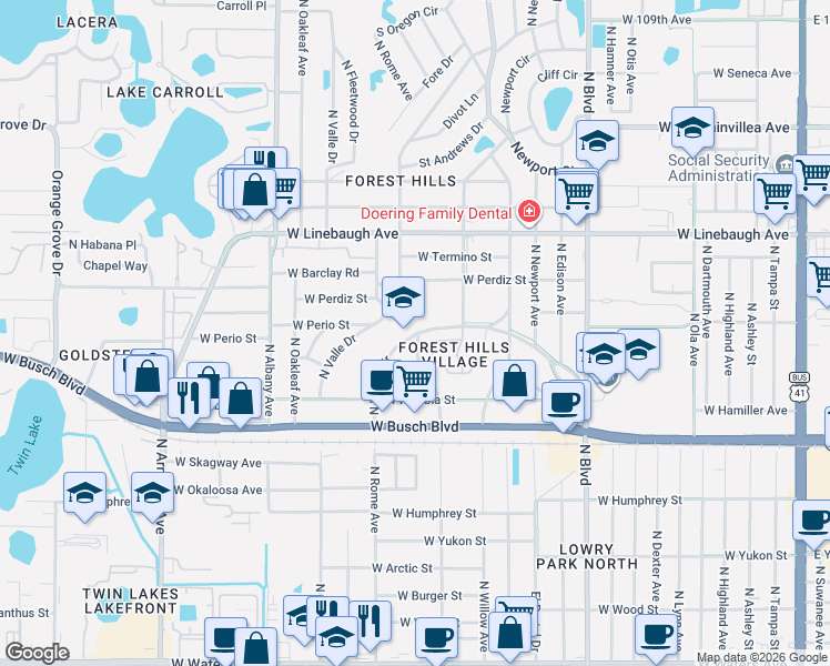 map of restaurants, bars, coffee shops, grocery stores, and more near 9422 North Rome Circle in Tampa