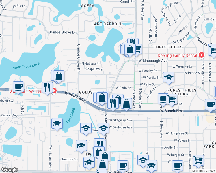 map of restaurants, bars, coffee shops, grocery stores, and more near 9505 Citrus Glen Place in Tampa