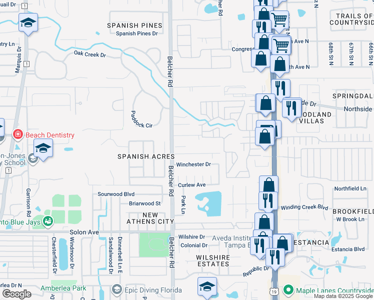 map of restaurants, bars, coffee shops, grocery stores, and more near 2222 Richter Street in Dunedin