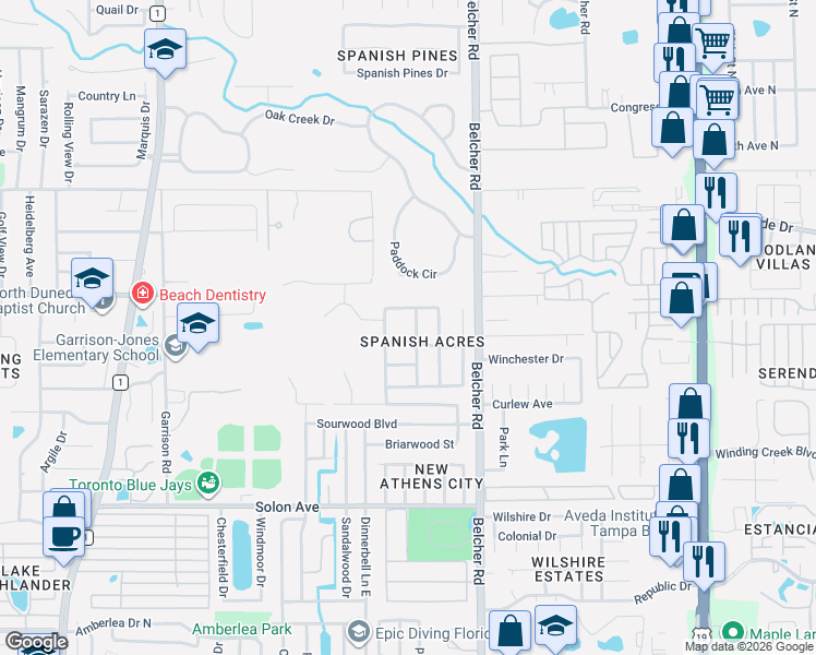 map of restaurants, bars, coffee shops, grocery stores, and more near 3151 Timberview Drive in Dunedin