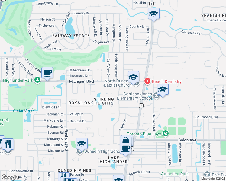 map of restaurants, bars, coffee shops, grocery stores, and more near 1983 Golf View Drive in Dunedin